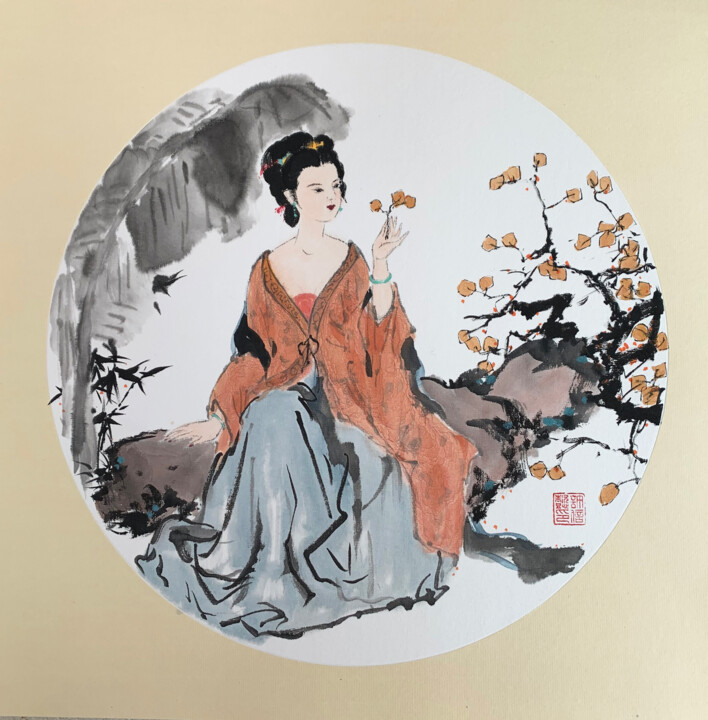 Traditional Chinese Painting Ancient Beauty Lady Wall Art Pittura, 13x13 in