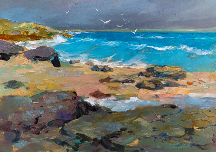 White seagulls on the seashore Schilderij, 90,6x11 in