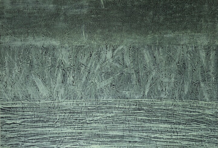 Layered Texture Semi-Abstract Acrylic Art Muted Green Field 雕塑, 30.7x50.4 in