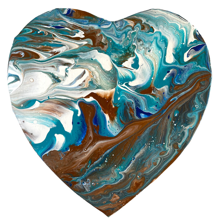 COEUR BLEU/MARRON (Acrylique Pouring) Pintura, 11,8x11,4 in