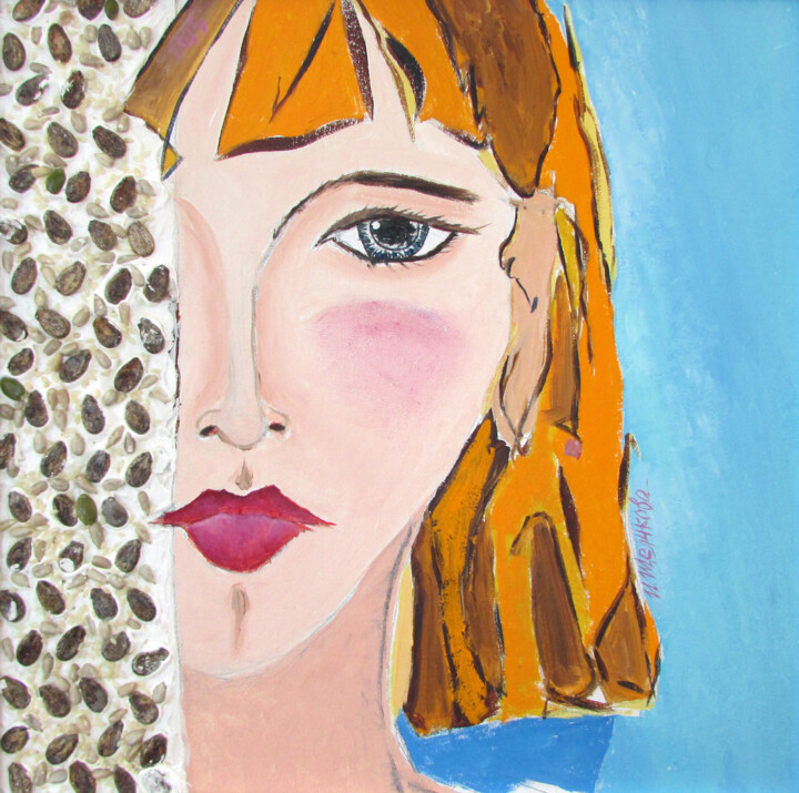 Grain Germ Seed Portrait Woman Blue sky Philosophy Oil 绘画, 11.8x11.8 in