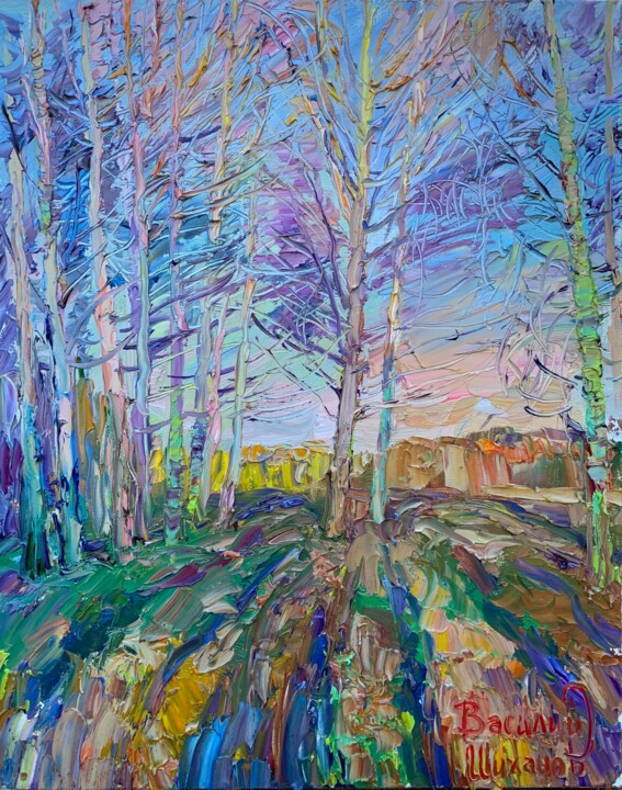 Весна. Березки на закате. Malarstwo, 19,7x15,8 in