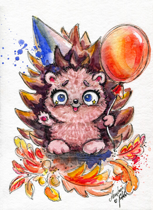 Original Hand-Painted Hedgehog Art - Framed Ready-to-Hang 绘画, 11.7x8.3 in