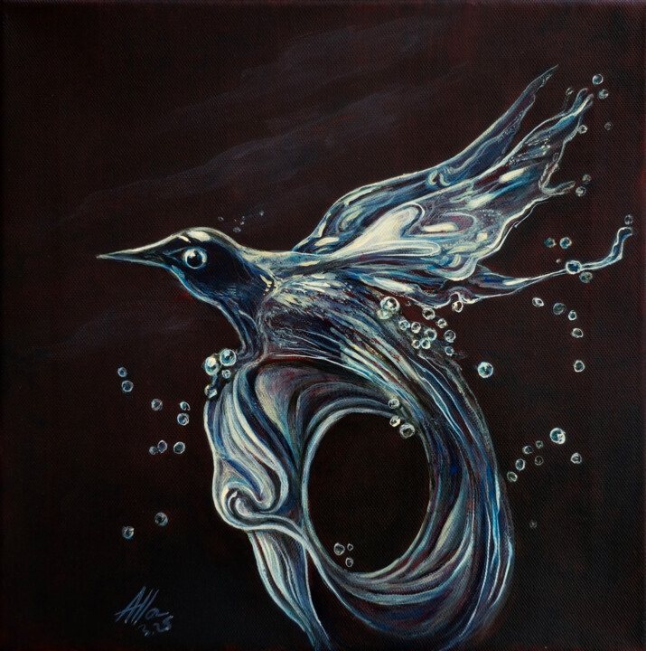 Liquid Bird in Flight – A Surreal Creature of Water and Moti 绘画, 11.8x11.8 in