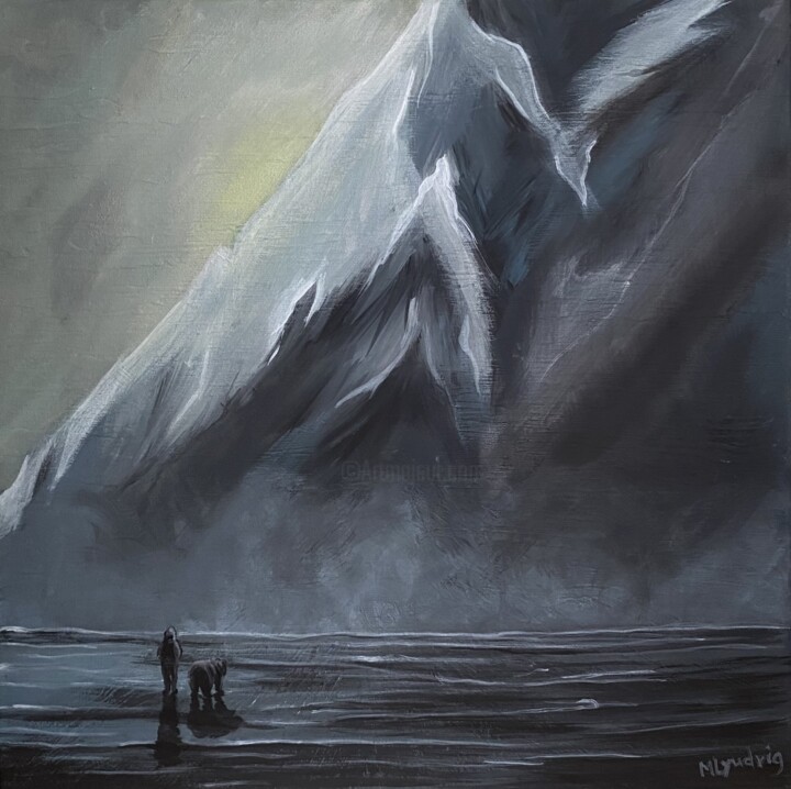 A man and a bear against the backdrop of a mountain 绘画, 15.8x15.8 in
