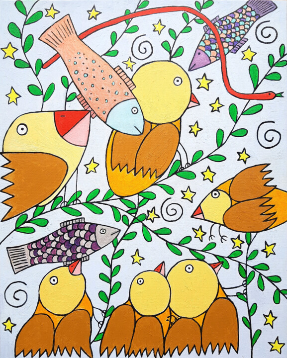 Oiseaux poissons serpent branches 绘画