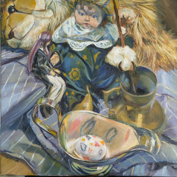 Schilderij getiteld "A doll with Fern" door Anton K, Origineel Kunstwerk, Olie Gemonteerd op Frame voor houten brancard