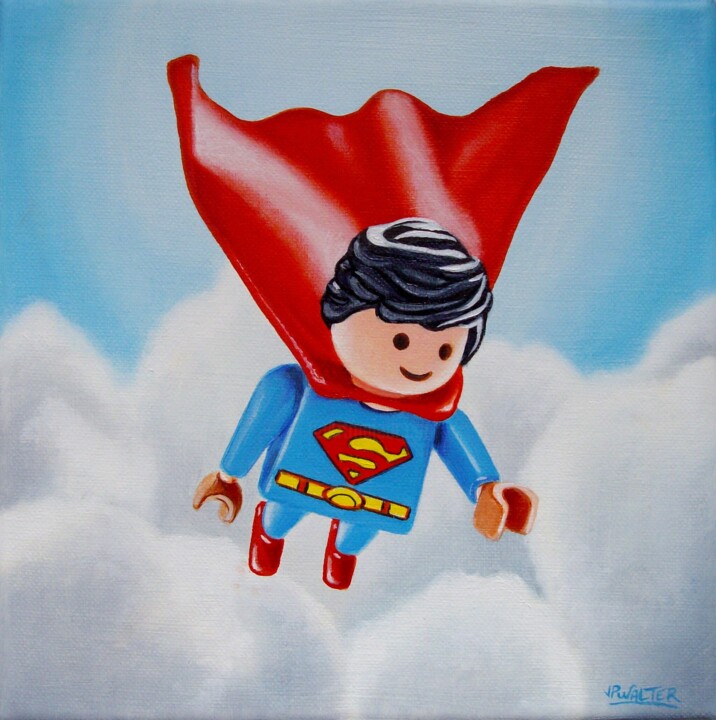 Mon Playmobil se prend pour Superman 绘画, 7.9x7.9 in