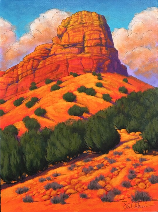 Schilderij getiteld "Trail to the Butte" door Joe A. Oakes, Origineel Kunstwerk, Acryl Gemonteerd op Aluminium