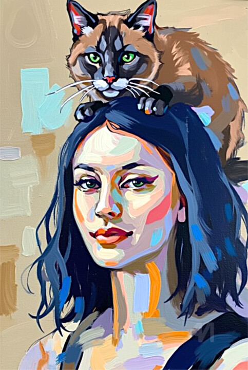 02-Mujer con gato 数字艺术