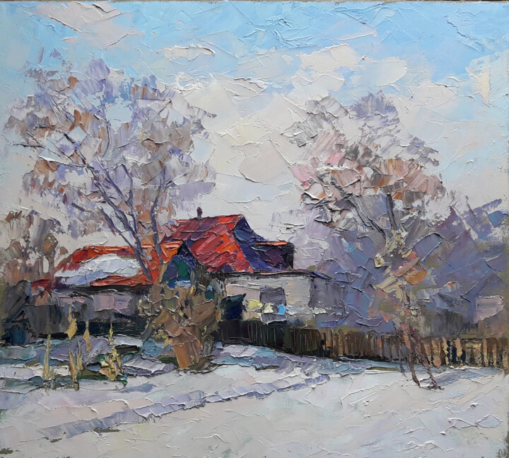 House with a red roof. Winter. Tablo, 17,9x19,7 in