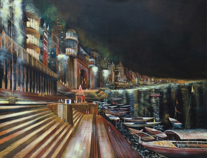 Banaras Ghat Night Painting on Canvas Картина, 36x46 in