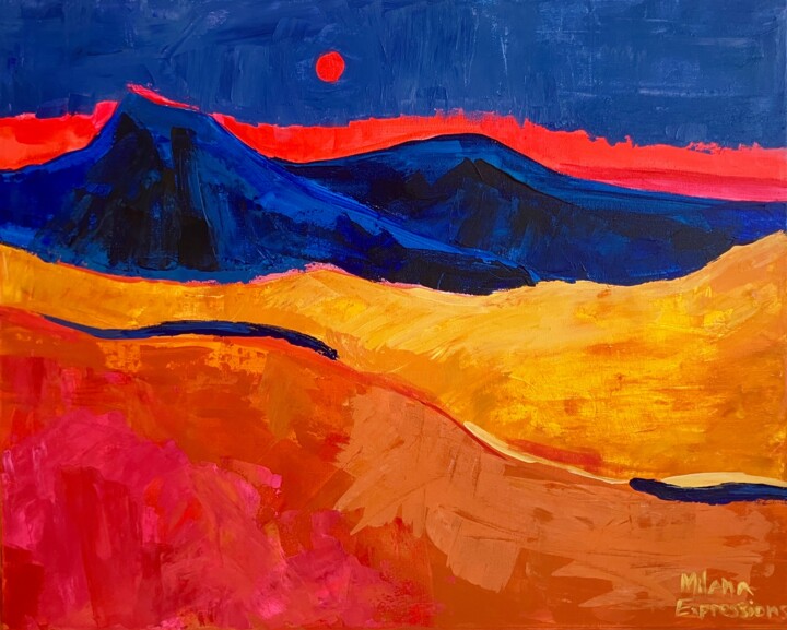Peinture intitulée "Red Sun Horizon – A…" par Milana Expressions, Œuvre d'art originale, Acrylique Monté sur Châssis en bois