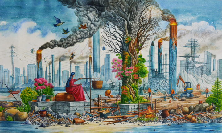 Painting titled "Roots of Resistance" by Lokanath Pradhan, Original Artwork, Watercolor Mounted on Wood Stretcher frame