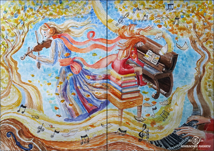 Diptych "Autumn Symphony" 2024 미술작품, 11.7x16.5 in