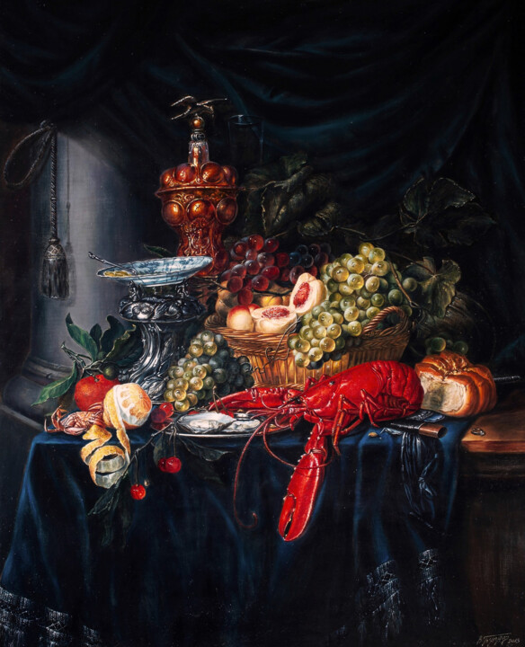Still Life with a Golden Cup - Copy of painting by Pieter d 绘画, 31.5x25.6 in