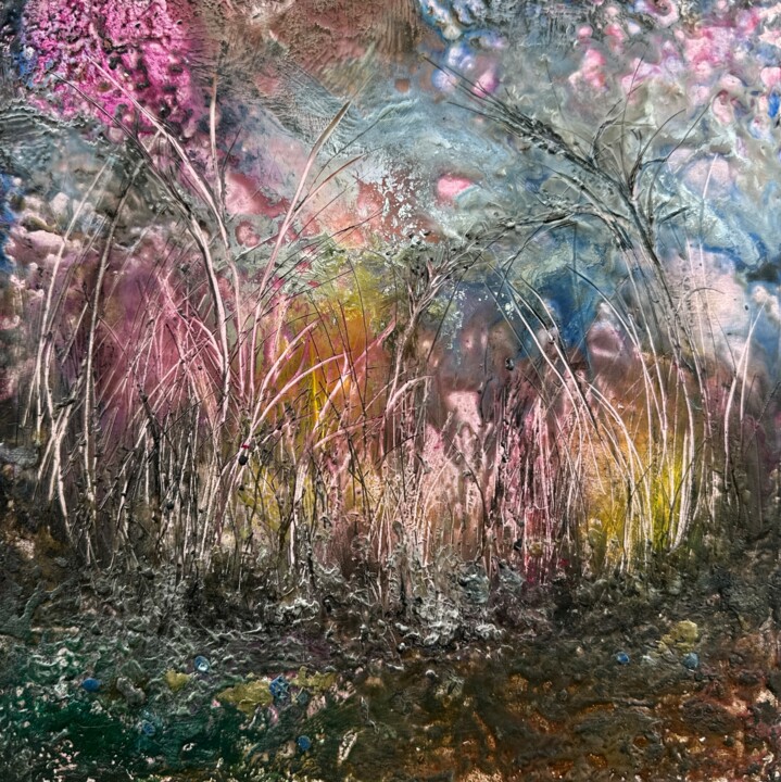 Malerei mit dem Titel "Meadow in rose" von Inga Veilande, Original-Kunstwerk, Enkaustik Auf Karton montiert