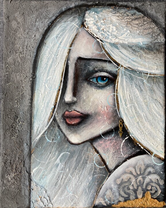 Painting titled "Angel who looks thr…" by Takush, Original Artwork, Acrylic Mounted on Wood Stretcher frame