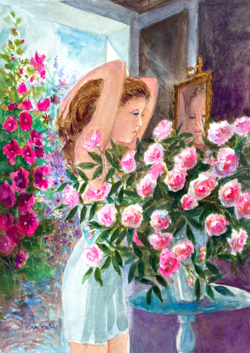 Peinture intitulée "Psyché au bouquet d…" par Michel Charrier, Œuvre d'art originale, Aquarelle