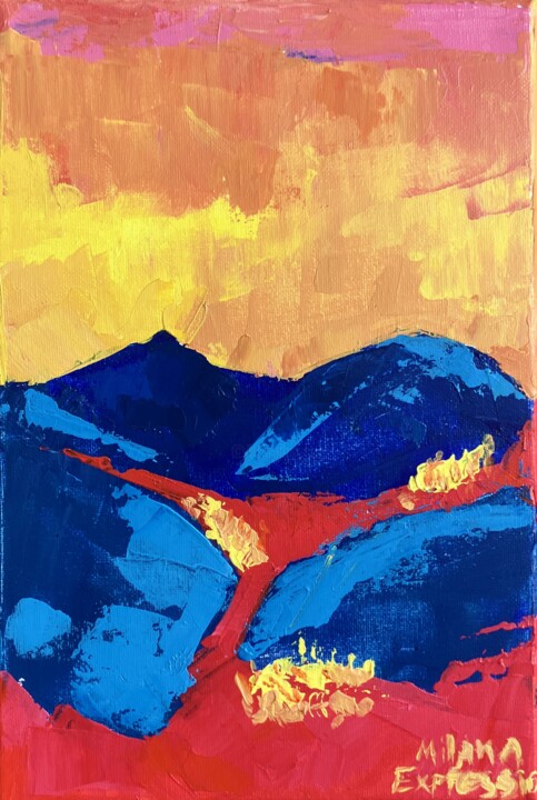 「Warm Mountain Morni…」というタイトルの絵画 Milana Expressionsによって, オリジナルのアートワーク, アクリル ウッドストレッチャーフレームにマウント