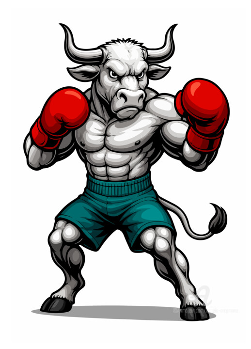 Boxing bull with red gloves on white background 数字艺术