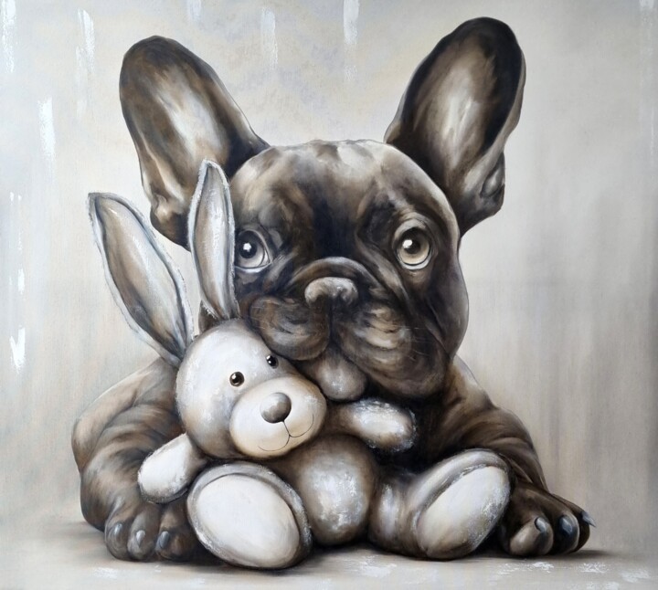 Oilpainting Happy Dog Bulldog 绘画, 35.4x39.4 in