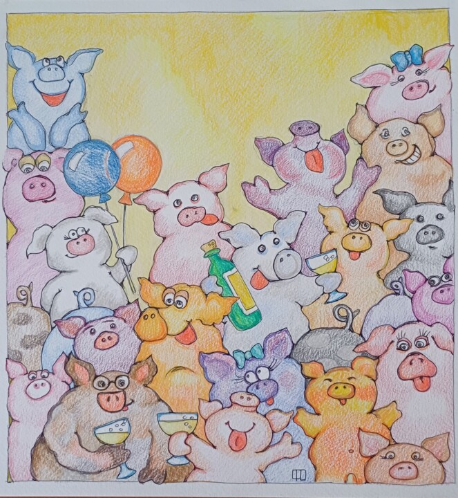 Funny pig's party 绘画, 12.4x11.8 in