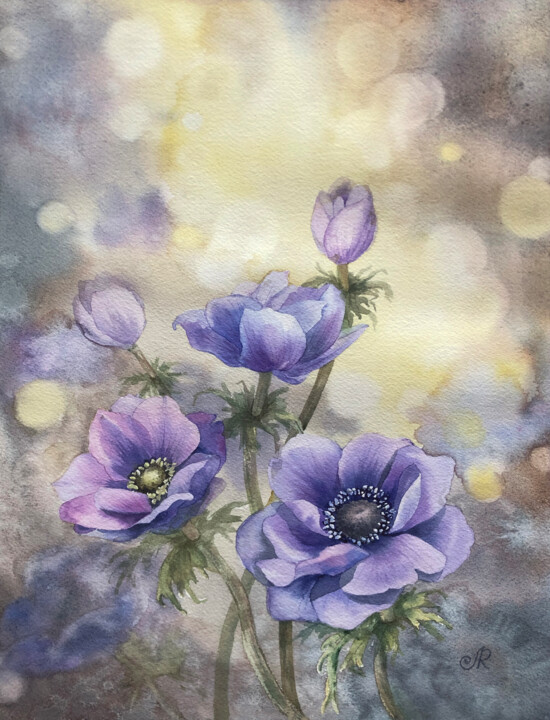 Blue anemones 绘画, 14.6x10.6 in