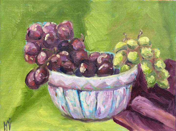 Grapes in a Porcelain Bowl | Small Oil Etude from Life Painting, 5.9x7.9 in