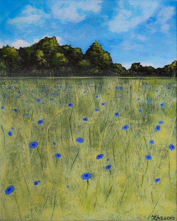 Peinture intitulée "Field with cornflow…" par Yuliia Khazova, Œuvre d'art originale, Acrylique Monté sur Châssis en bois