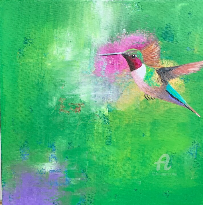 Painting titled "Summer's Hummingbird" by Laure Bury, Original Artwork, Oil Mounted on Wood Stretcher frame