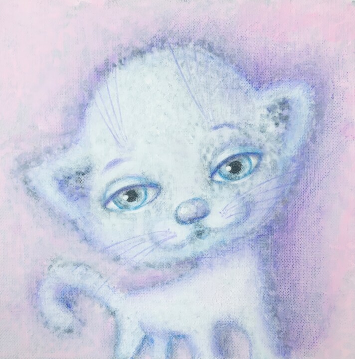 A white kitten with sad blue eyes on a pink-lilac background 绘画, 7.9x7.9 in