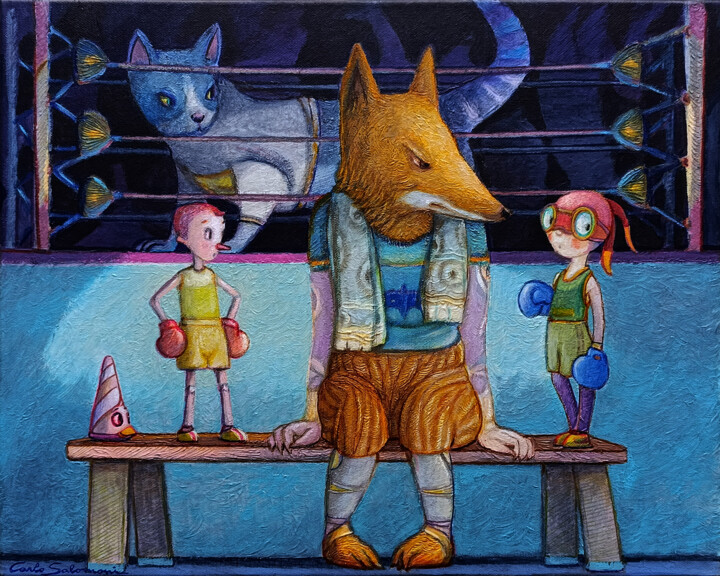 Painting titled "A STRANGE BOXING RI…" by Carlo Salomoni, Original Artwork, Acrylic Mounted on Wood Stretcher frame