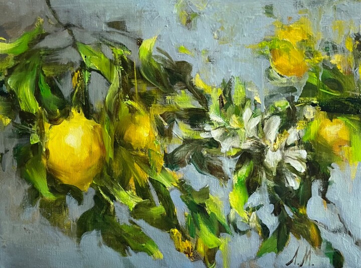 绘画 标题为“SMALL BRANCH WITH L…” 由Elena Mashajeva-Agraphiotis, 原创艺术品, 油 安装在木质担架架上