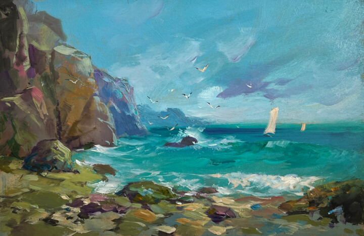 Seagulls flying over the sea 绘画, 7.9x11.8 in