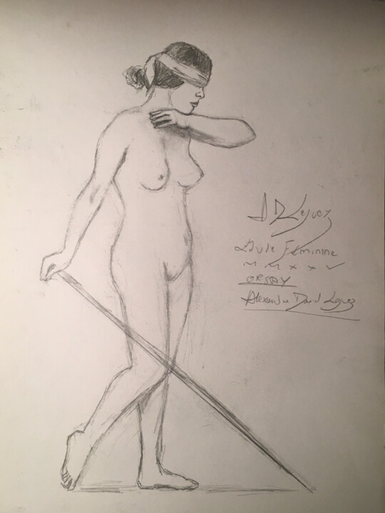 Étude d'une femme nue à la canne et au bandeau 图画, 15.9x11.6 in
