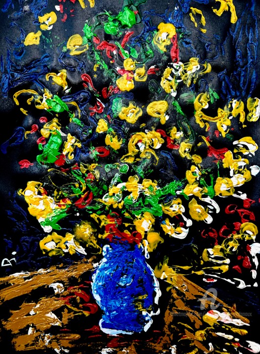 Fleurs dans vase bleu