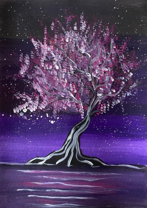 Tree with pink leaves on purple background Painting, 11.7x8.3 in