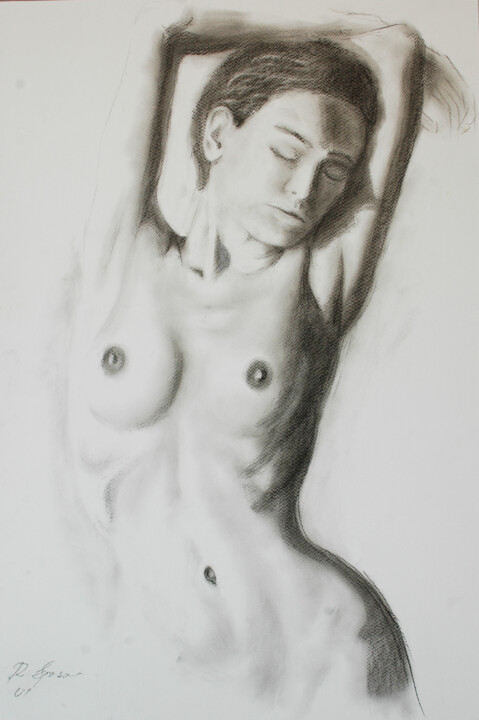 Tekening getiteld "Nude study drawing." door Rumen Spasov, Origineel Kunstwerk, Houtskool Gemonteerd op Andere stijve panelen