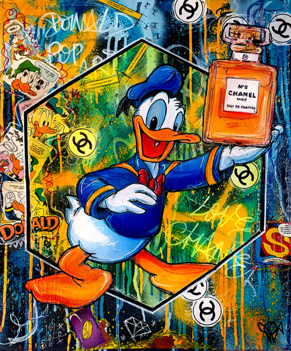 Tableau Pop Art Graffiti Donald Duck Chanel n°5 Lin Original Schilderij, 21,7x18,1 in