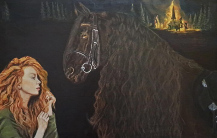 Painting titled "incendio en el bosq…" by Bonifacio Contreras, Original Artwork, Oil Mounted on Wood Stretcher frame