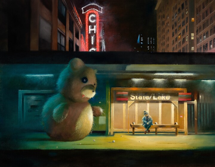 Painting titled "The Bear" by Waynester, Original Artwork, Oil Mounted on Wood Stretcher frame