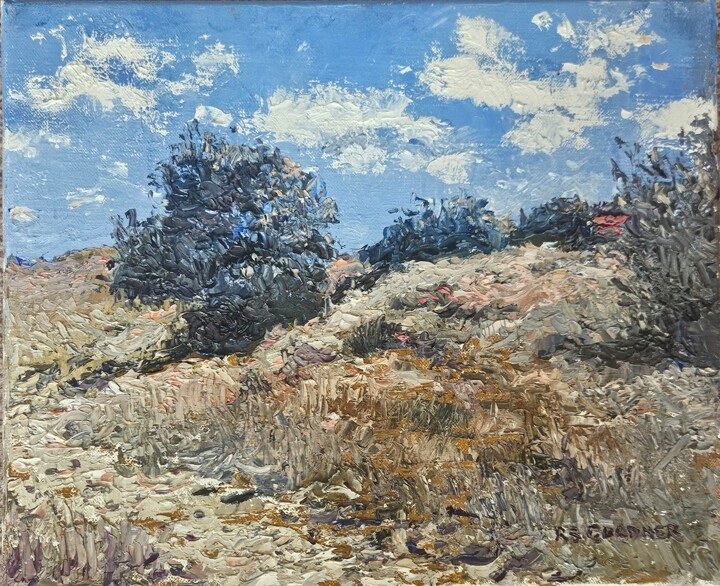 Painting titled "Hills Under the Blu…" by Reg Gardner, Original Artwork, Oil Mounted on Wood Stretcher frame