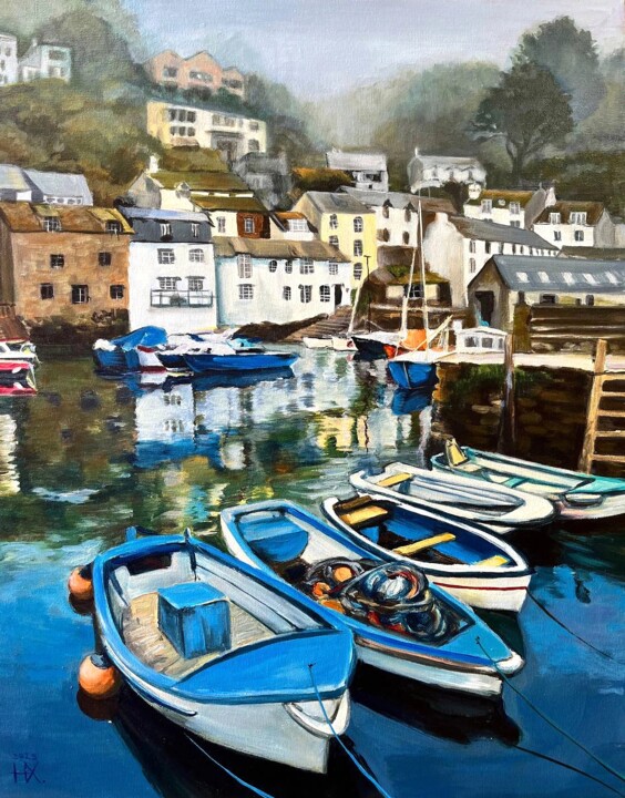 Schilderij getiteld "Boats, foggy morning" door Natal A Hudakova, Origineel Kunstwerk, Acryl