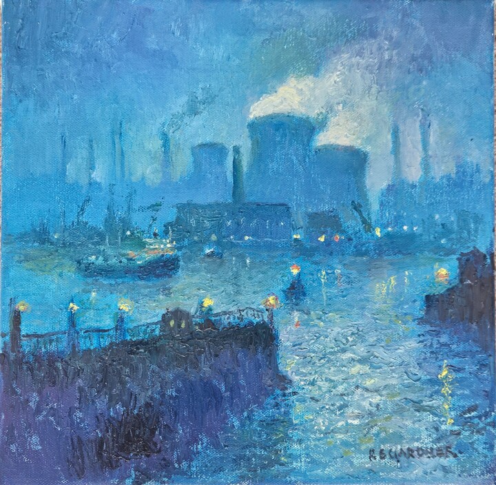 Painting titled "Power Station, Wint…" by Reg Gardner, Original Artwork, Oil Mounted on Wood Stretcher frame