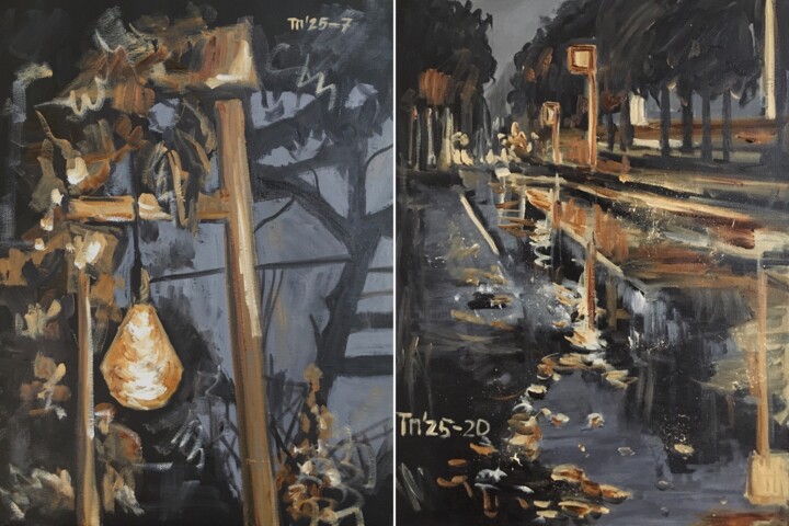 Set of Two Paintings: Night Cityscape Pittura, 15,8x11,8 in