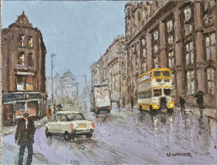 Painting titled "Yellow Bus" by Reg Gardner, Original Artwork, Oil Mounted on Wood Stretcher frame