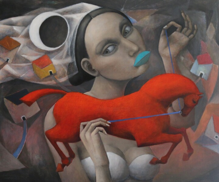 Painting titled "Luz de Luna II" by Hector Acevedo, Original Artwork, Oil Mounted on Wood Stretcher frame