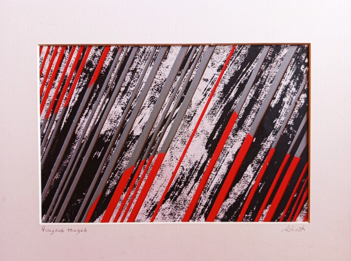 Pintura titulada "Rayons rouges" por Dominique Jolivet, Obra de arte original, Collages Montado en Cartulina