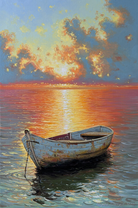 Schilderij getiteld "Adrift in Gold" door Stepan Ohanyan, Origineel Kunstwerk, Olie Gemonteerd op Frame voor houten brancard